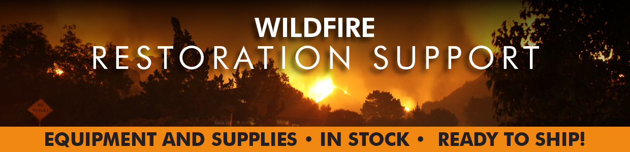 A burning forest fire with the text wildfire restoration support equipment and supplies in stock ready to ship
