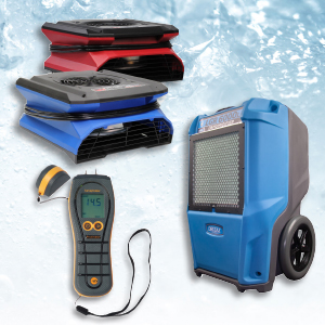 Winter storm water damage restoration equipment featuring meters, machine and supplies