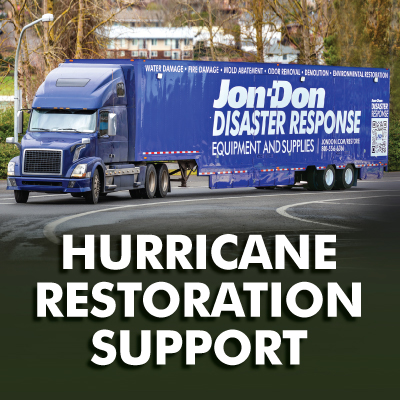 Jon-Don disaster response blue tractor-trailer with text that says Hurricane Restoration Support 