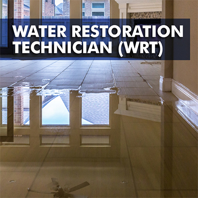 Close up of water on flooded floor with text that says Water Restoration Technician (WRT)