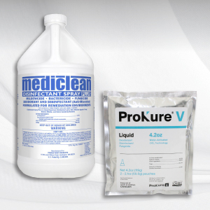 Mediclean bottle and Prokure disinfectant packet