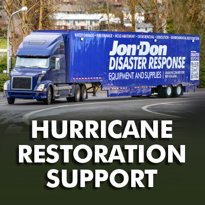 Jon-Don disaster response blue tractor-trailer with text that says Hurricane Restoration Support