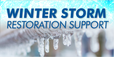 Image of ice on a frozen pipe with text that says winter storm restoration support