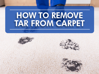 Boots leaving tar shoeprints on beige carpet with text how to remove tar from carpet